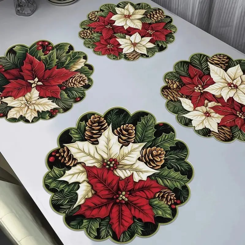 10 pcs Winter Poinsettia Pinecone Shape Table Mats, Non-Slip Fabric Table Mats