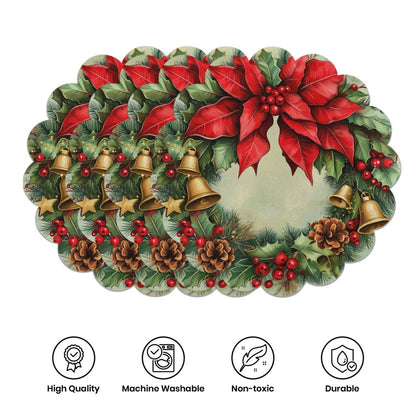 10 pcs Winter Poinsettia Pinecone Shape Table Mats, Non-Slip Fabric Table Mats