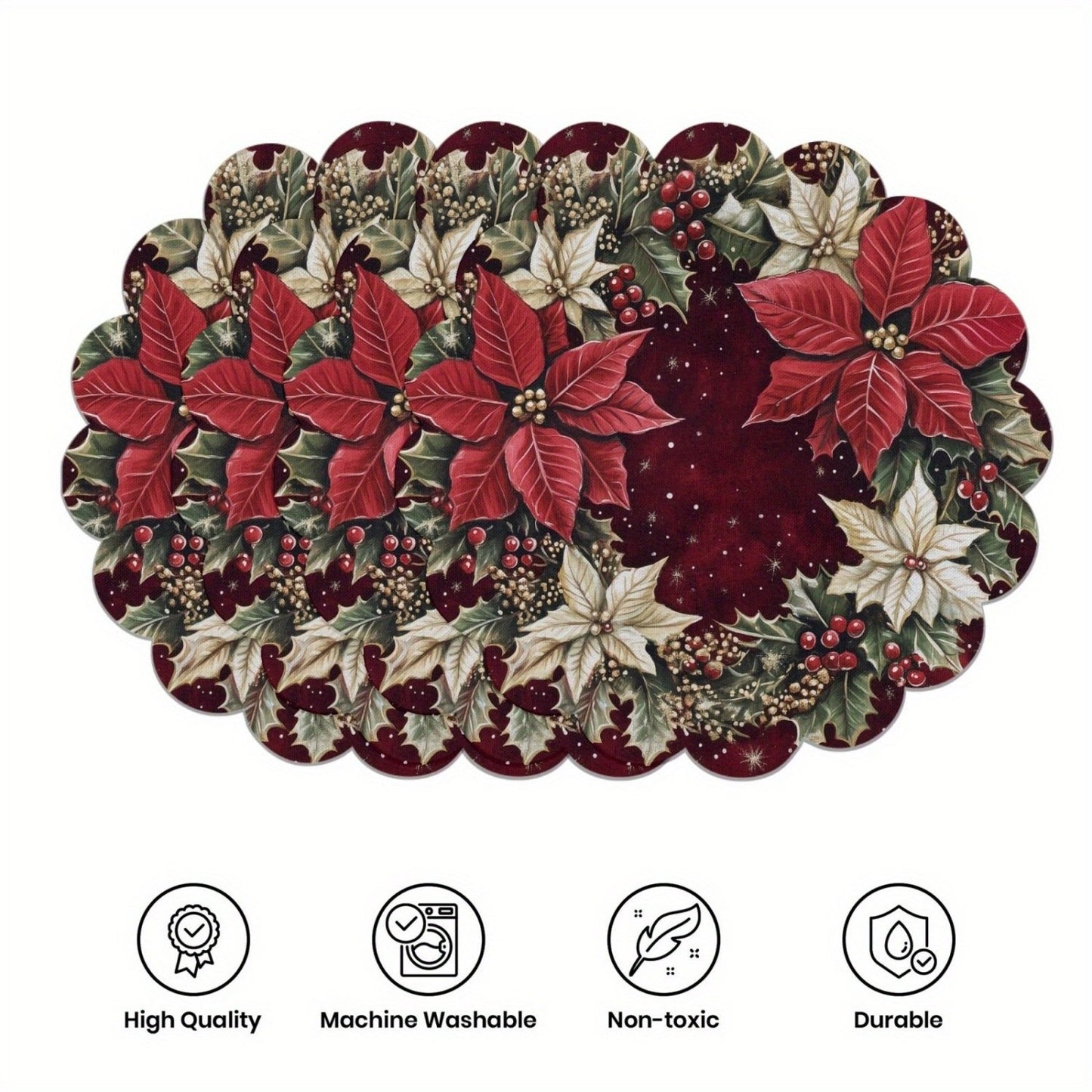 10 pcs Winter Poinsettia Pinecone Shape Table Mats, Non-Slip Fabric Table Mats