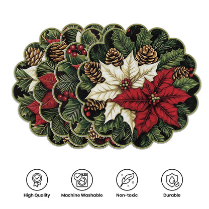10 pcs Winter Poinsettia Pinecone Shape Table Mats, Non-Slip Fabric Table Mats