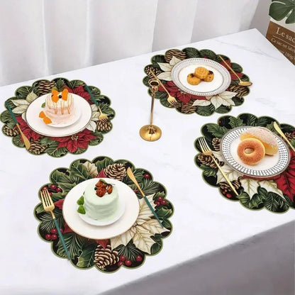 10 pcs Winter Poinsettia Pinecone Shape Table Mats, Non-Slip Fabric Table Mats