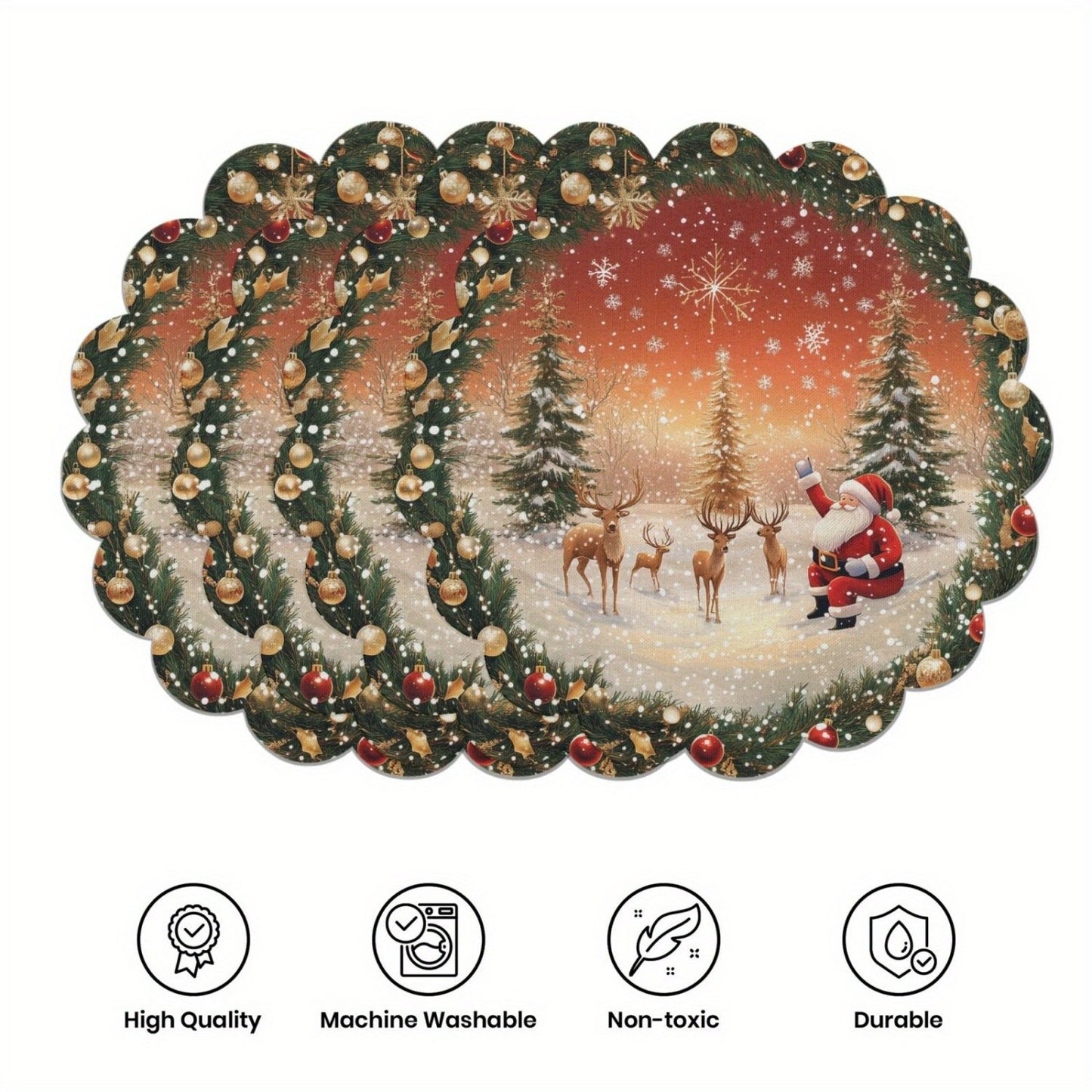 10 pcs Winter Poinsettia Pinecone Shape Table Mats, Non-Slip Fabric Table Mats