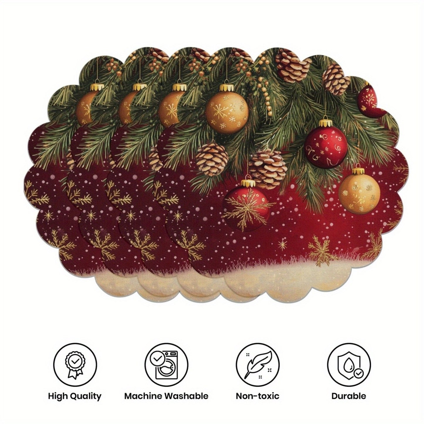 10 pcs Winter Poinsettia Pinecone Shape Table Mats, Non-Slip Fabric Table Mats