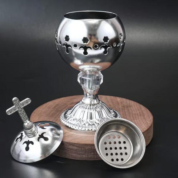 ✝️Jesus Bless You✝️🌟 Silver Charcoal Incense Burner Catholic Cross Censer – Brass Plated Distiller for Church & Home 🌟