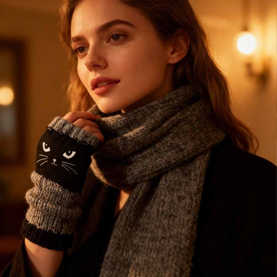 Cute Women’s Knitted Cat Gloves