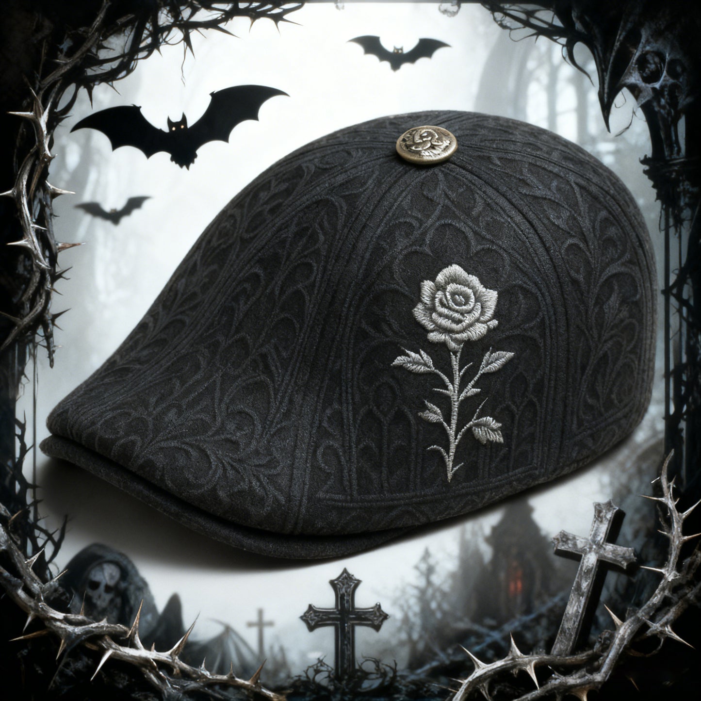 🌹🧢Skull & Thorn Flat Cap