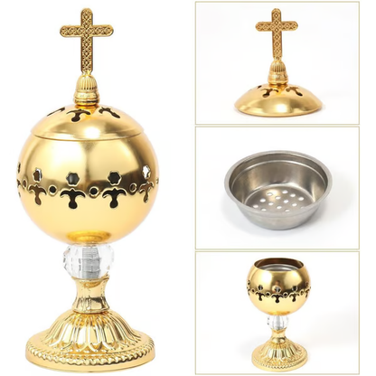 ✝️Jesus Bless You✝️🌟 Silver Charcoal Incense Burner Catholic Cross Censer – Brass Plated Distiller for Church & Home 🌟