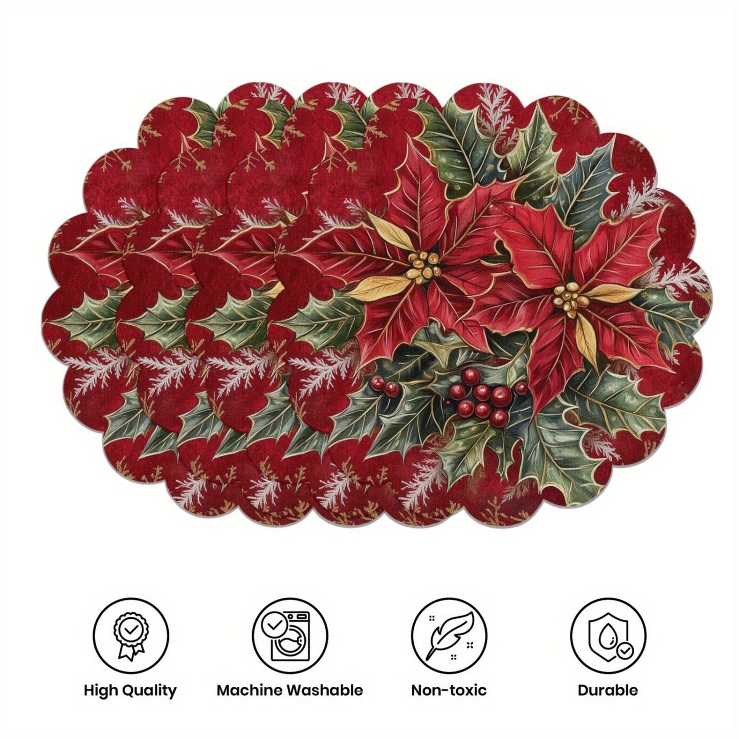 10 pcs Winter Poinsettia Pinecone Shape Table Mats, Non-Slip Fabric Table Mats