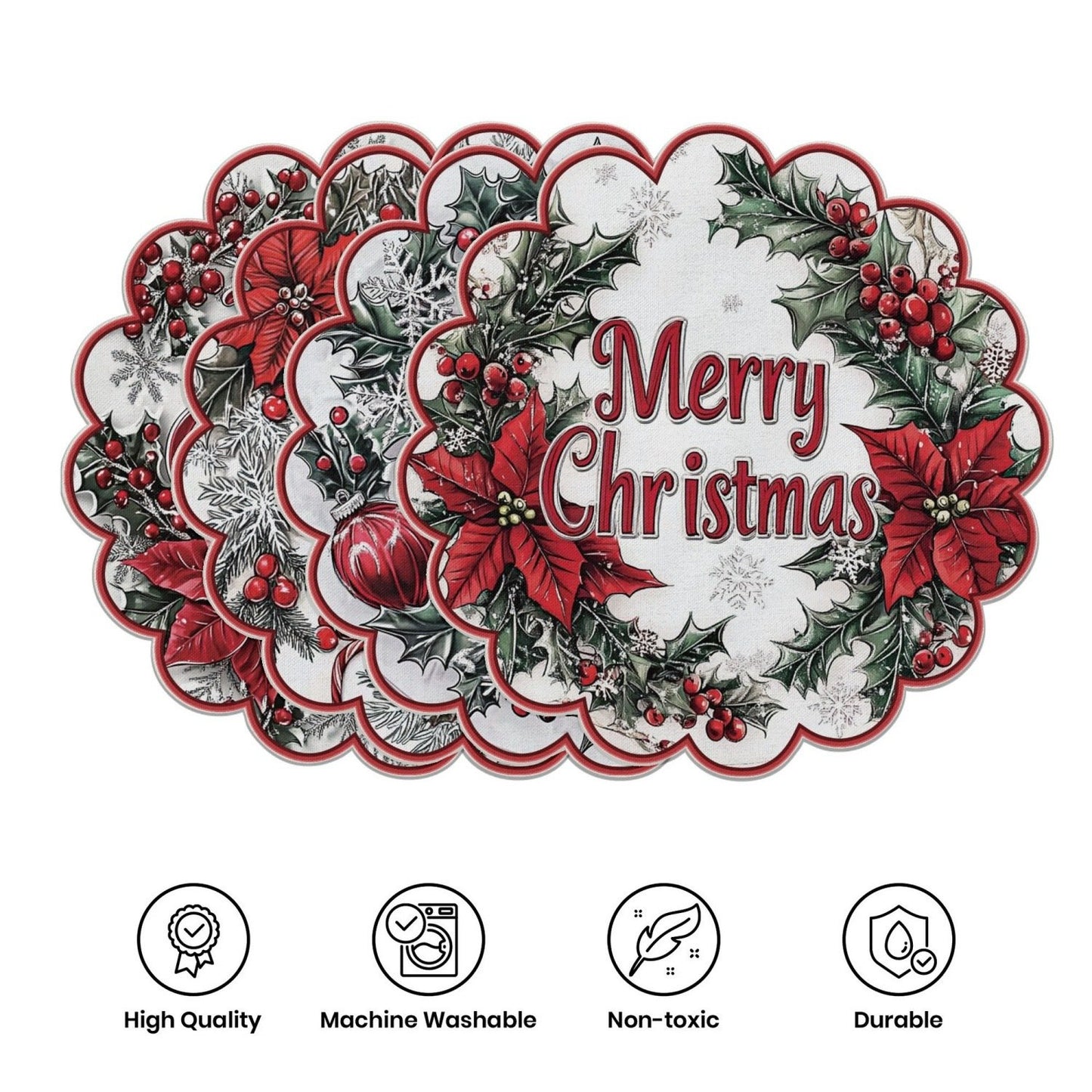 10 pcs Winter Poinsettia Pinecone Shape Table Mats, Non-Slip Fabric Table Mats