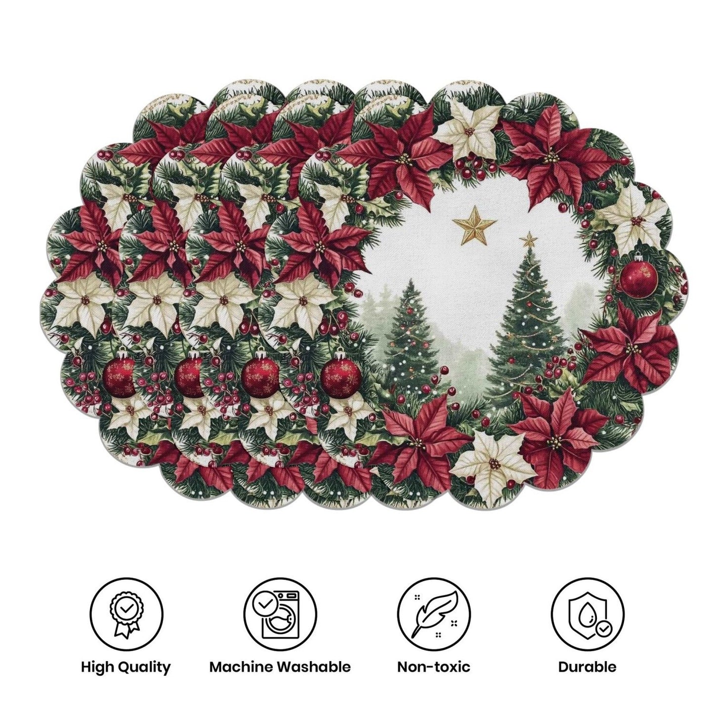 10 pcs Winter Poinsettia Pinecone Shape Table Mats, Non-Slip Fabric Table Mats