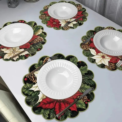 10 pcs Winter Poinsettia Pinecone Shape Table Mats, Non-Slip Fabric Table Mats