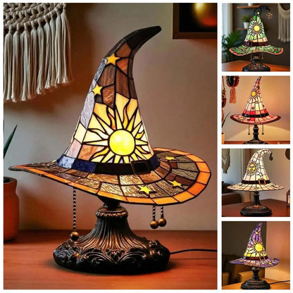 🔥Stained Glass Witch Hat Lamp, Halloween LED Desk Light for Home Bar Cafe Decor, Vintage Table Lamp, Housewarming Gift