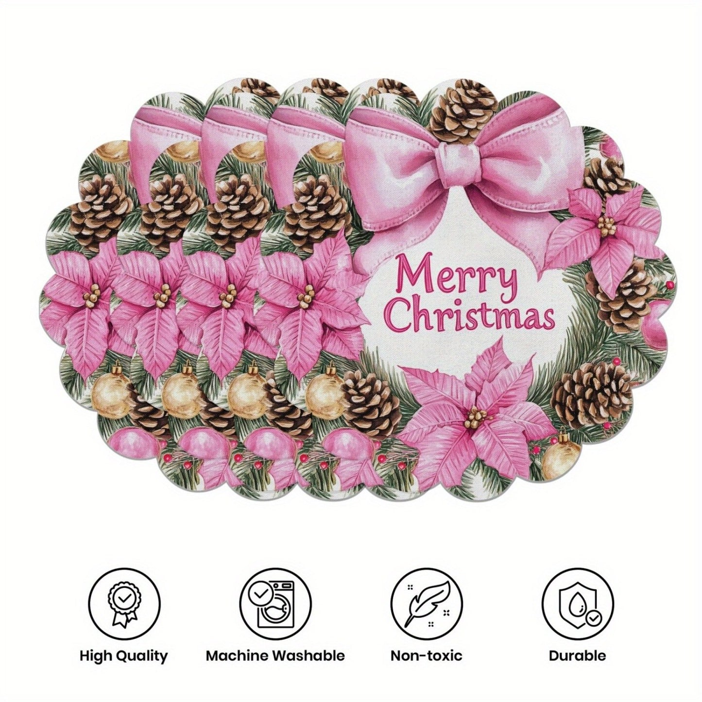 10 pcs Winter Poinsettia Pinecone Shape Table Mats, Non-Slip Fabric Table Mats