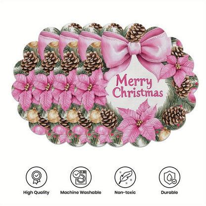 10 pcs Winter Poinsettia Pinecone Shape Table Mats, Non-Slip Fabric Table Mats