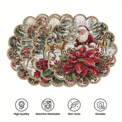 10 pcs Winter Poinsettia Pinecone Shape Table Mats, Non-Slip Fabric Table Mats
