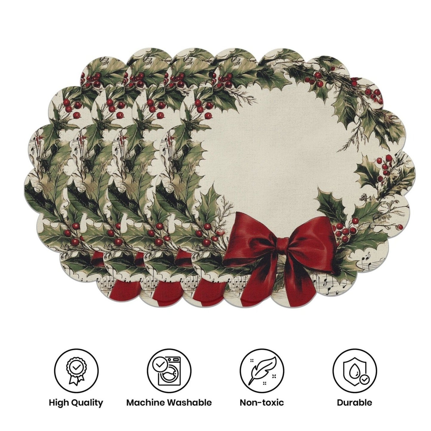 10 pcs Winter Poinsettia Pinecone Shape Table Mats, Non-Slip Fabric Table Mats