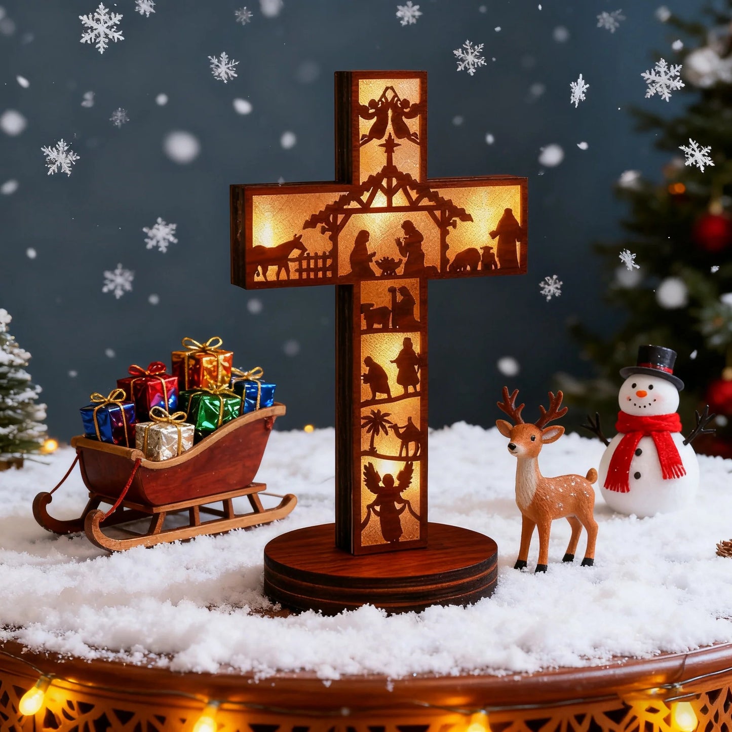 ✝📕LED Boxwood Nativity Cross and Bible – A Radiant Tribute to Christ’s Birth