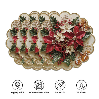10 pcs Winter Poinsettia Pinecone Shape Table Mats, Non-Slip Fabric Table Mats