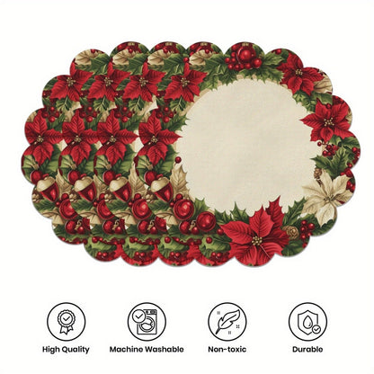 10 pcs Winter Poinsettia Pinecone Shape Table Mats, Non-Slip Fabric Table Mats