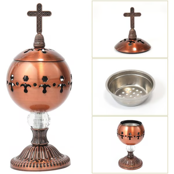 ✝️Jesus Bless You✝️🌟 Silver Charcoal Incense Burner Catholic Cross Censer – Brass Plated Distiller for Church & Home 🌟